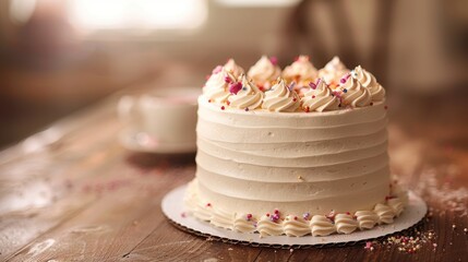 A simple, decorated cake on a plain table, with a neutral background, capturing the essence of a celebration event.