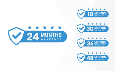 Minimalist Vector warranty shield with checklist label icon set. Number of months 24, 18, 30, 36, 48. vector eps