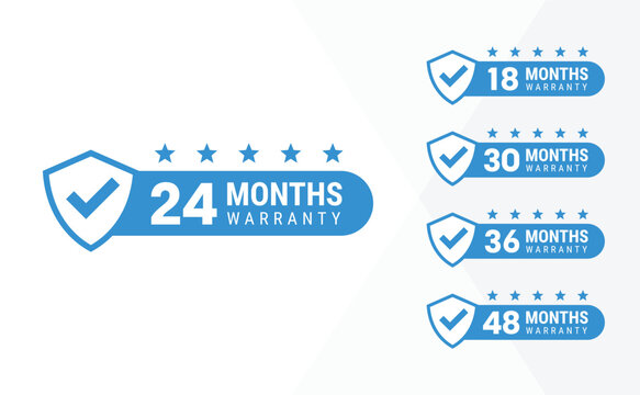 Minimalist Vector warranty shield with checklist label icon set. Number of months 24, 18, 30, 36, 48. vector eps