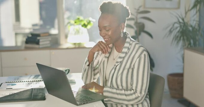 Black woman, laptop and reading in office or thinking of email with editing notes or feedback at publishing job. Business writer or ebook editor planning on computer of client manuscript submission