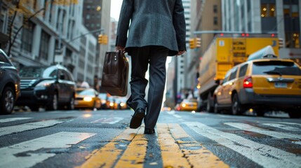Obraz premium a photo of a businessman crossing a street while walking to work 