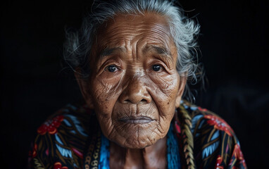 A close-up portrait of an elderly nonbinary person of Polynesian descent, their face illuminated against a dark background. They are wearing traditional clothing with intricate patterns