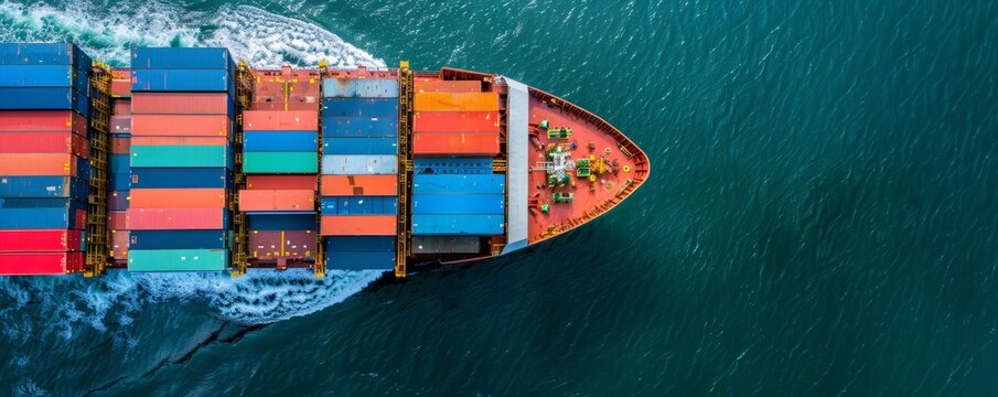 Aerial view of a cargo container ship navigating the ocean, cargo container ship, global shipping
