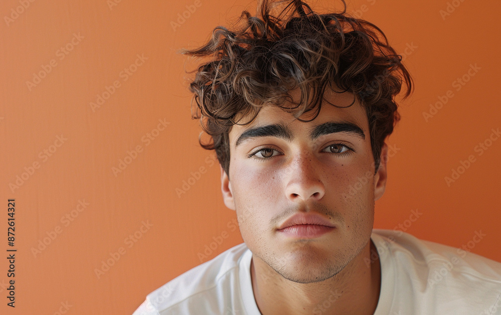 Wall mural a young man with curly brown hair stares directly at the camera, standing against a bright orange wa