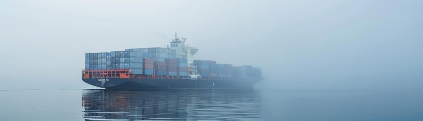 Obraz premium Cargo container ship navigating through misty sea, cargo container ship, maritime navigation