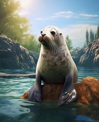 Fototapeta premium Sunlit Seal on Rocky Outcrop