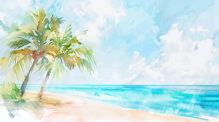 Obraz premium Watercolor beach landscape with blue sea, white sand beach, and palm trees under a blue sky. Summer, vacation, relaxation, travel background.