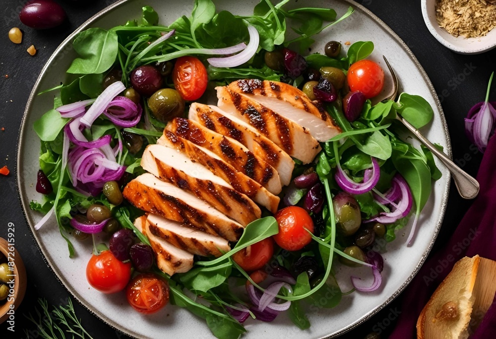 Poster A healthy salad with grilled chicken, cherry tomatoes, olives, and red onions on a plate