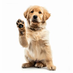 Obraz premium Golden puppy retriever with paw, it lifted paw, isolated on white