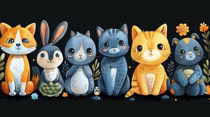 Obraz premium Colorful Cartoon Pet Set: Dog, Cat, Bird, Fish, Rabbit, Rat, Turtle Characters