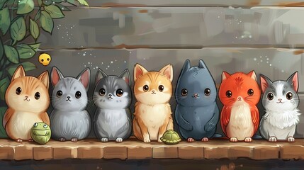 Obraz premium Colorful Cartoon Pet Set: Dog, Cat, Bird, Fish, Rabbit, Rat, Turtle Characters