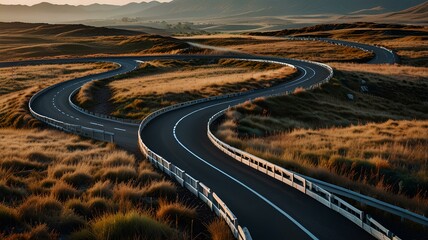 Path to Progress, winding road through a landscape of business tasks and challenges, signposts denoting various stages of management approval.