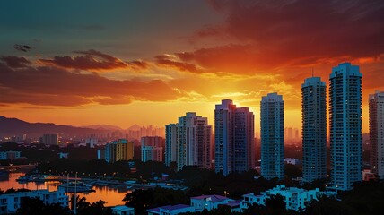 Fototapeta premium Pop art style of sunset city view.