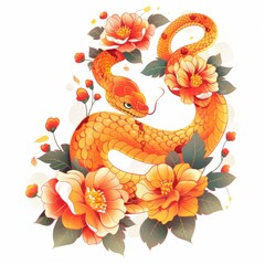 New Chinese Year of the Snake (Golden Snake) oriental illustration. Bright and colorful with a poppy vibe, in a simple and cute anime style against a white background
