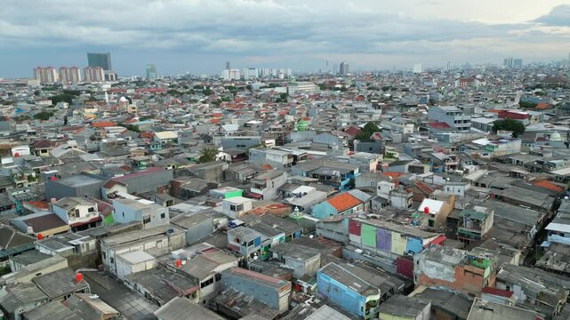 Slow Descend Over North Jakarta Slums Near Sunter Lake Indonesia