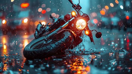 Obraz premium Dramatic Motorcycle Accident in Rainy City Street - Generative AI
