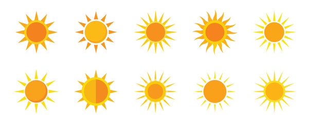 Sun icon in different styles and shapes. Vector cartoon illustration set.