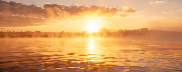 Fototapeta premium Glistening lagoon at dawn, with golden light breaking over the horizon and early morning fog lifting from the water