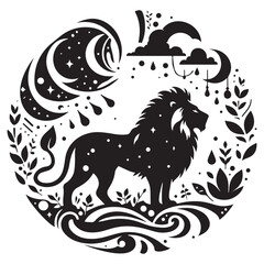 Fototapeta premium a black and white illustration of a lion standing in a circle with moon and clouds