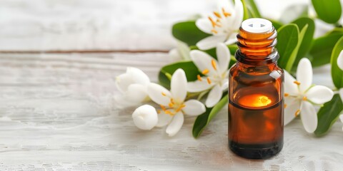 Overhead Shot of Small Brown Bottle Containing Neroli Essential Oil. Concept Product Photography, Essential Oils, Overhead Shot, Brown Bottle, Neroli Oil
