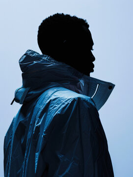 Person in puffy jacket with high collar design.