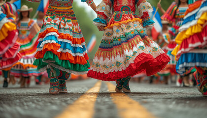 Fototapeta premium Mexican people celebrate Independence Day on the street. Festival, dance, party, fun. Bottom view
