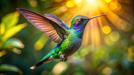 Fototapeta premium Vibrant iridescent hummingbird in mid-air, wings beating rapidly, suspended amidst lush green foliage with blurred background and warm sunlight.