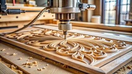 High-precision CNC router machine with powerful spindle and stepper motors cutting intricate designs on wooden furniture during manufacturing process.