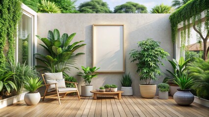 Serene white patio with wooden deck, lush potted plants, and blank frame mockup on wall for showcasing art or photography.