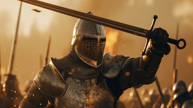 A knight in full armor is holding a sword and is surrounded by other knights