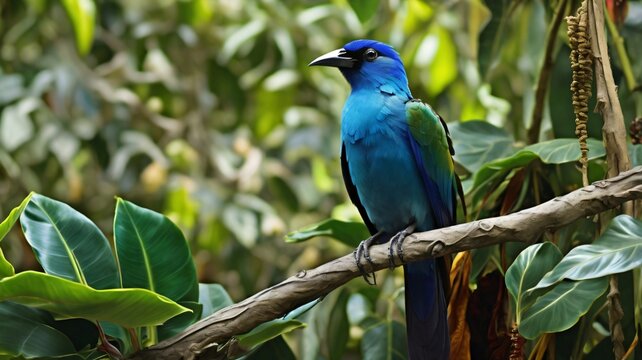A Blue Bird of Paradise is perched on a tree branch with lots of green leaves, contrasting with the color of its wings