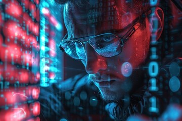 Fototapeta premium A man wearing glasses is looking at a computer screen with a lot of numbers