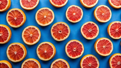 Vibrant grapefruit slices arranged in a geometric pattern on a rich royal blue background exude freshness and simplicity in a minimalist setting.