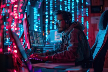 Fototapeta premium A man is sitting in front of a computer with a headset on and a jacket on