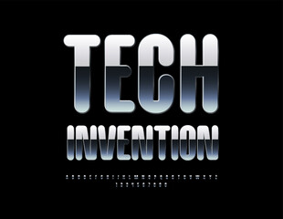 Vector Steel logo Tech Invention. Reflective Metallic Font. Trendy Silver Alphabet Letters and Numbers set. 