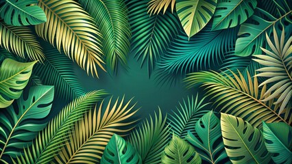 Vibrant green abstract banner featuring intricately arranged tropical palm leaves and branches in a stylized jungle setting, flat vector design.