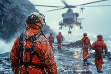 A bright orange helicopter lifts off from the wet deck of an offshore oil platform, surrounded by crew members in safety gear on a rainy day.