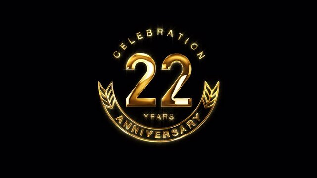 22nd Golden Anniversary Celebration. Happy 22 Years Anniversary Animation in Gold Color on the Transparent Background, Alpha Channel. Great for greetings, celebrations, events, and gifts.