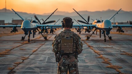 Naklejka premium A soldier with a rucksack stands facing a lineup of military drones on an airfield, with the sun rising in the background.