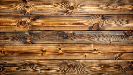 Naklejka premium Natural horizontal wooden planks with distressed rough-hewn surface and visible knots in warm brown colors with subtle grain patterns.