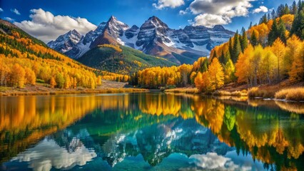 Golden aspens surround serene turquoise lake reflecting majestic snow-capped peaks amidst vibrant orange foliage in crisp autumn mountain scenery.