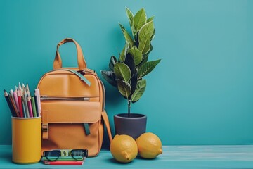 School supplies, lemons, and potted plant on blue background