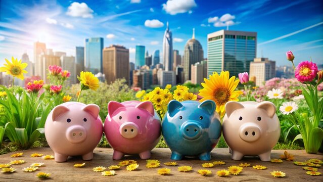 Colorful piggy banks, coins, and a globe surrounded by vibrant flowers and a subtle cityscape background, symbolizing harmony and financial growth. - Powered by Adobe