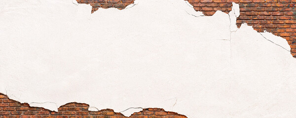 old crumbling white plaster, texture of peeling putty from a brick wall