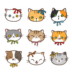 Vector Illustration of Cute Cartoon Cat Head Characters on Isolated Background