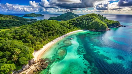 Crystal-clear turquoise waters lap against powdery white sand, surrounded by lush emerald green forests, in this breathtaking aerial view of a secluded tropical beach.