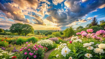 Fototapeta premium Soft focus serene landscape featuring gentle pastel hues, fluffy white clouds, and lush greenery in a peaceful atmosphere.