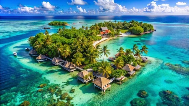 Serene Caribbean haven featuring a lush tobacco caye island with swaying palm trees and secluded bungalows amidst turquoise waters.