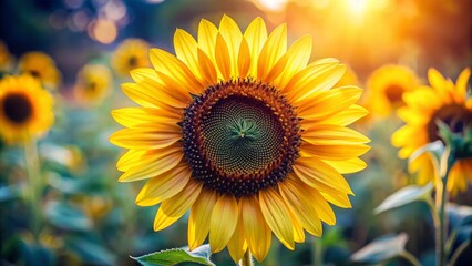 Fototapeta premium Vibrant yellow petals of a large sunflower set against a blue sky with warm sunlight highlighting its delicate texture.