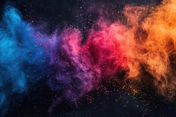 Fototapeta premium Abstract splashes of colorful powder on a black background with large empty areas for copy space, perfect for festival promotions.